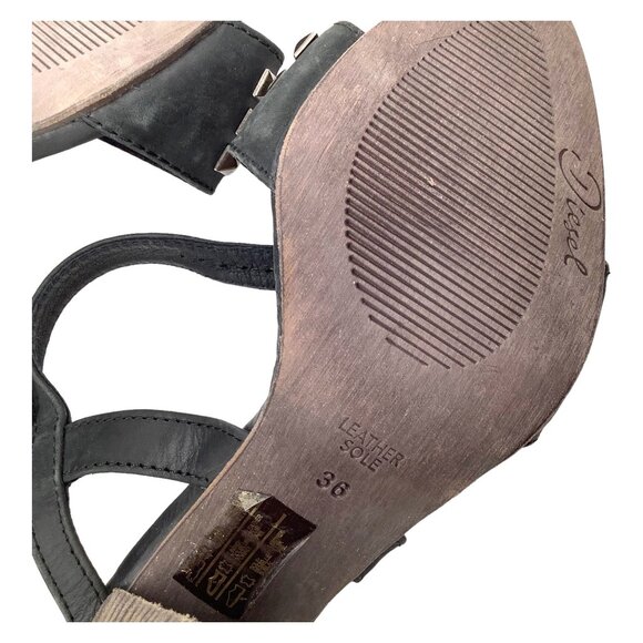 DIESEL 36 Cuir Desir Soleil Studded Sandal Block Heel Black Leather Ankle Strap - Picture 11 of 11